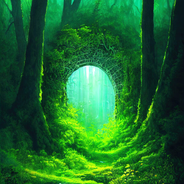 Path to another dimension. In a dense green forest. The leaves on the trees are green. The whole earth is covered with green grass. 3D illustration.
